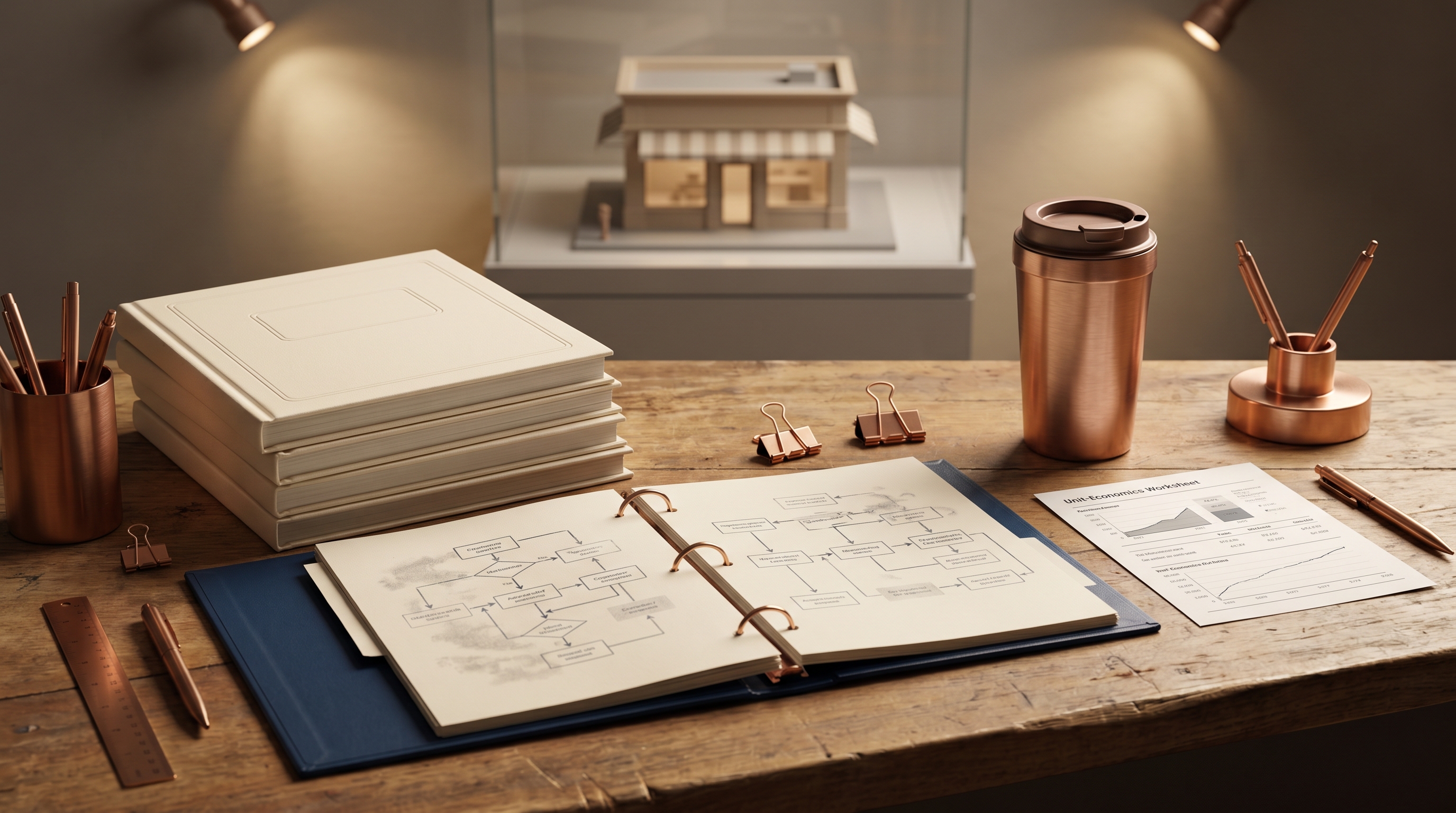Editorial flat-lay of franchise operations manuals, an open binder with an operational flow diagram, and a small storefront miniature.